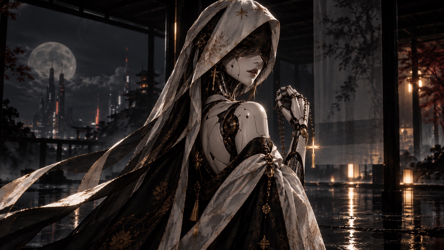 A hooded female android in ivory and gold, holding a cross necklace in a moonlit pavilion