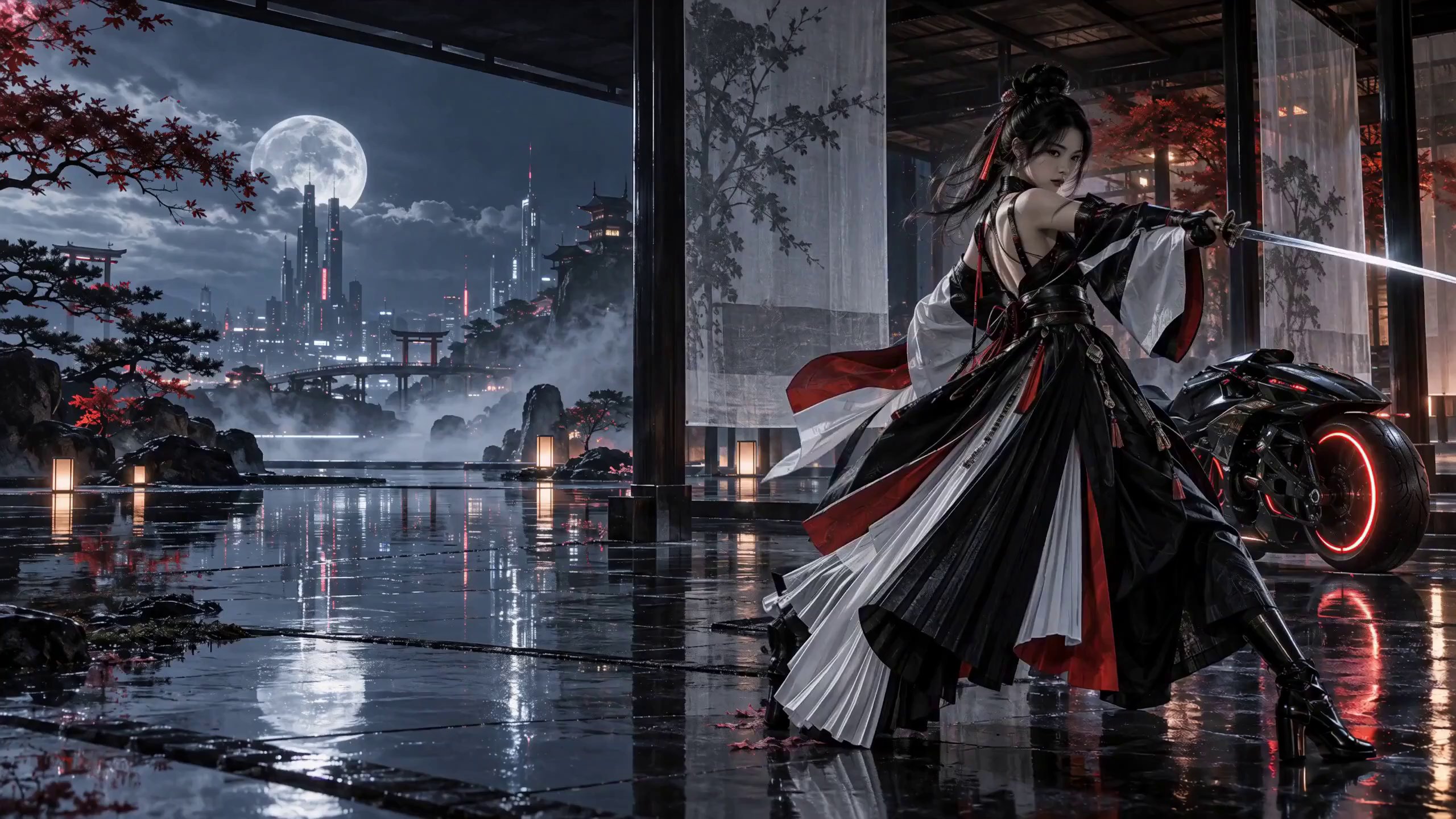 Futuristic heroine performing an elegant sword movement beside a motorcycle in a moonlit pavilion